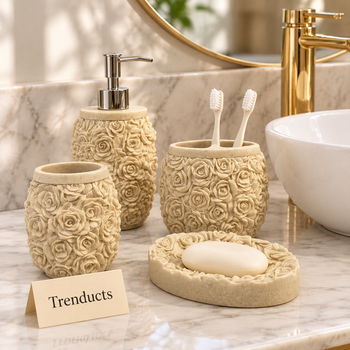 Cream raised rose design bathroom set on a marble vanity - Trenducts