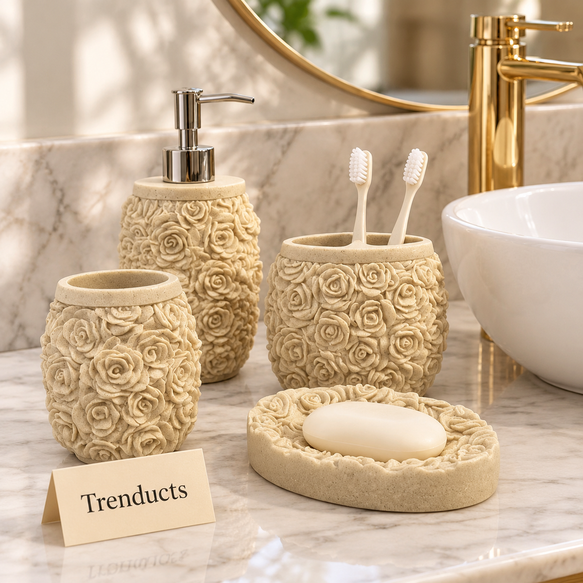 Luxury Bathroom Set - 4-Piece Cream Raised Rose Design