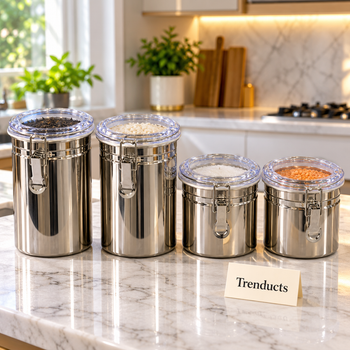 Stainless steel canister set holding tea, sugar and rice on a kitchen counter | Trenducts