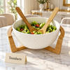 Luxury White Ceramic Serving Bowl with Bamboo Stand and 2 Spoons