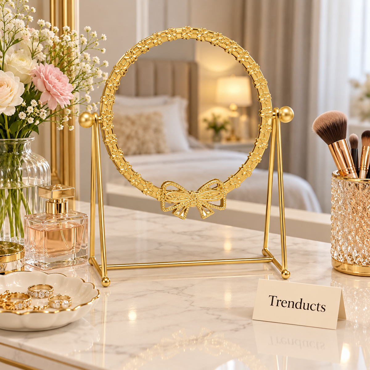 Elegant Gold Table Mirror - Round Leaf Frame on Stand
