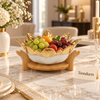 Flora Design Ceramic Fruit Bowl with Bamboo Stand - Gold Petal Rim