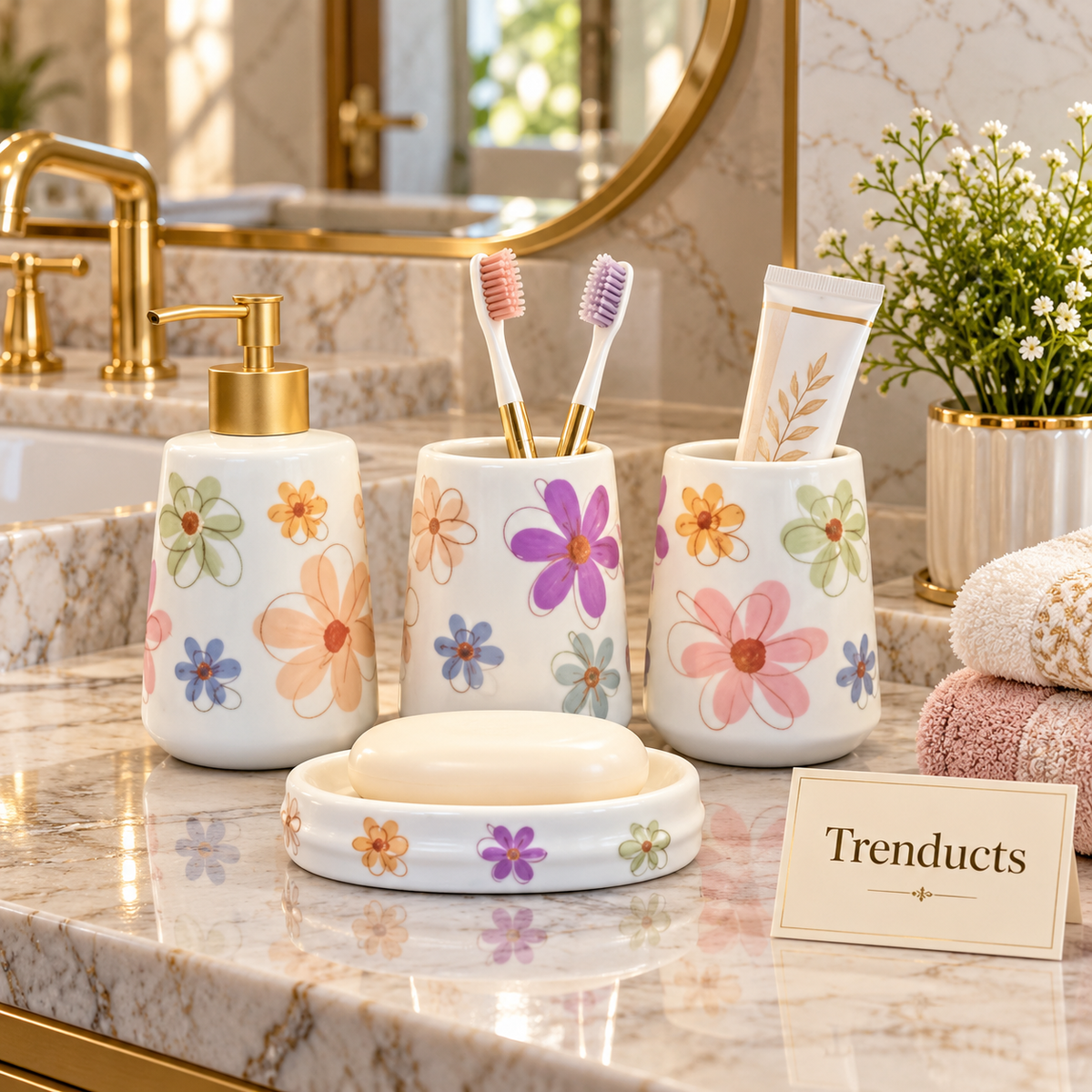 Brilliant 4-Piece Porcelain Bathroom Set - White Multi Flower