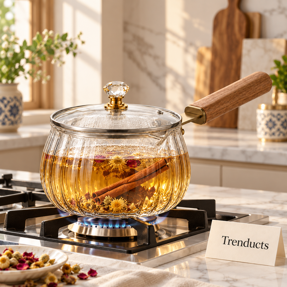 Glass Pot 800ml with Lid - Ribbed Saucepan Wooden Handle