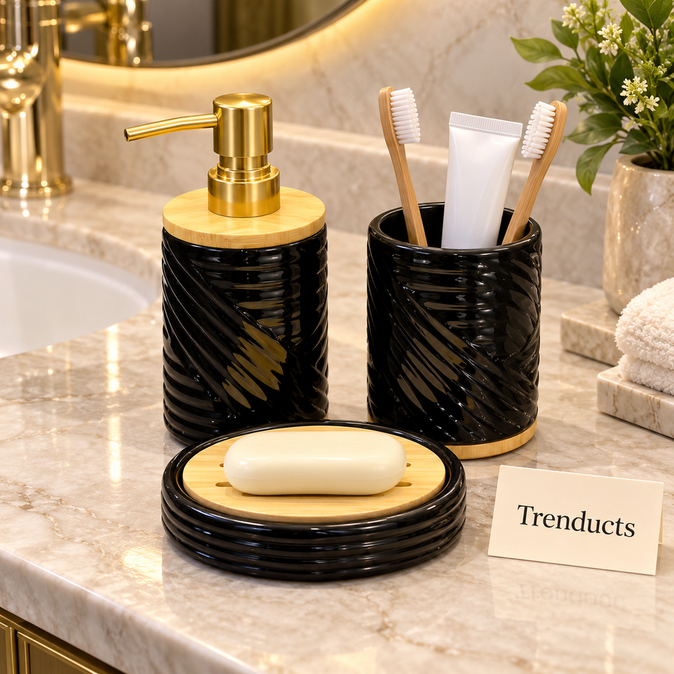 Brilliant Round Bathroom Set 3 Piece - Glossy Black Ribbed