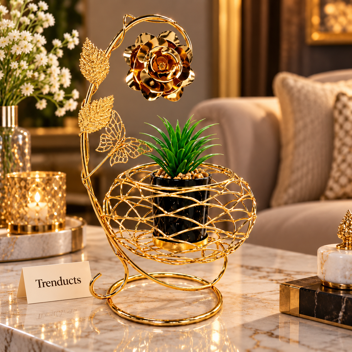 Gold Rose Butterfly Arc Metal Flower Pot Stand