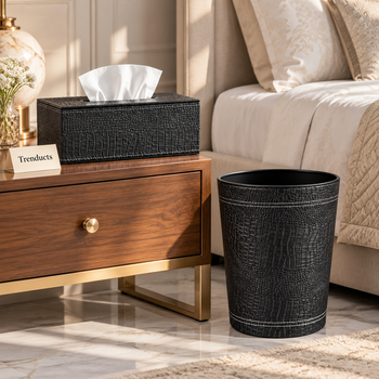 Black texture tissue box dustbin in a bright bedroom - Trenducts