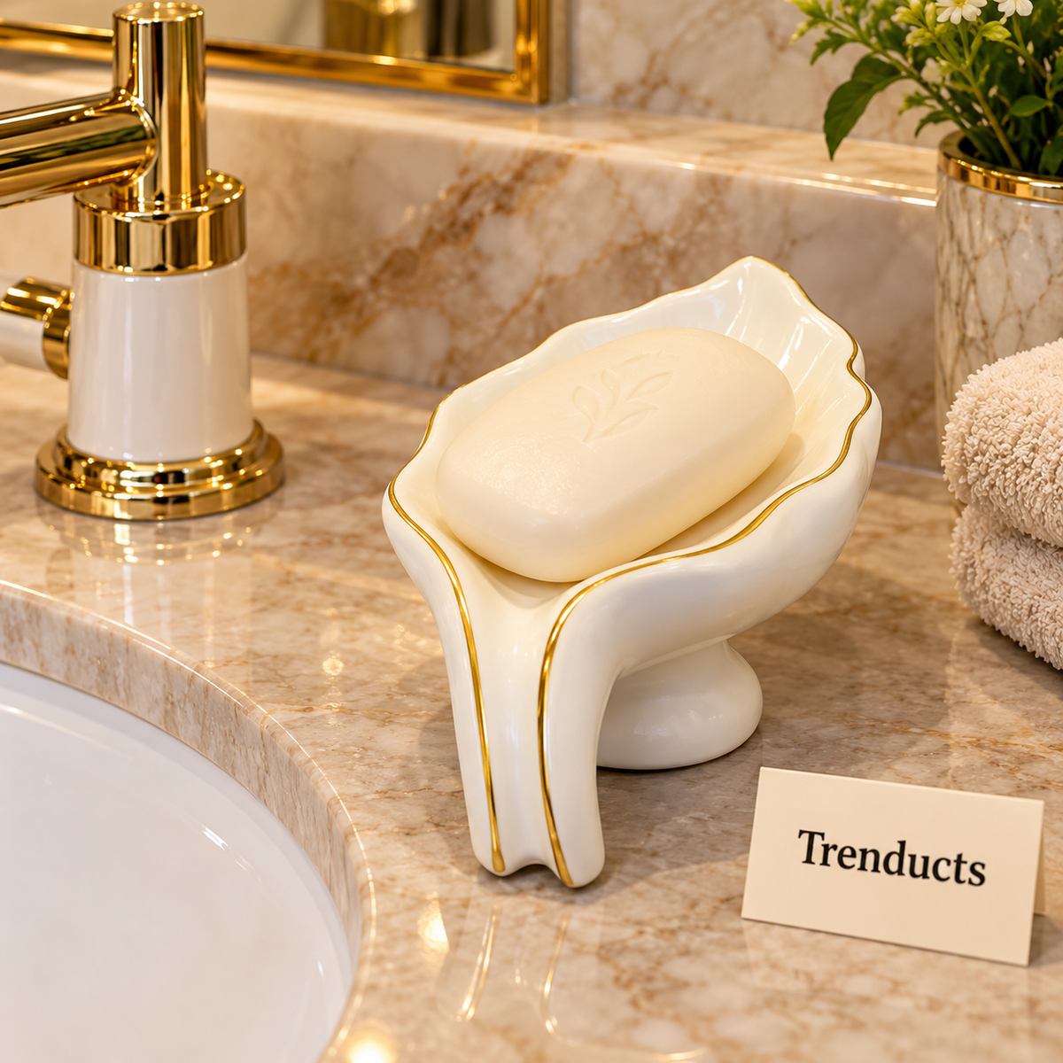 Brilliant Leaf Soap Dish - Cream Porcelain with Gold Edge