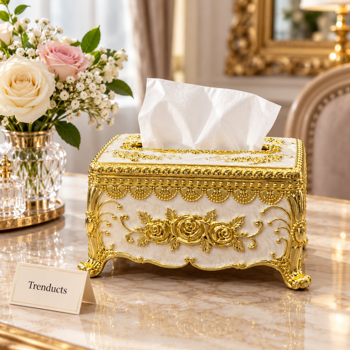 Ornate Tissue Box Cover - White & Gold Floral Design