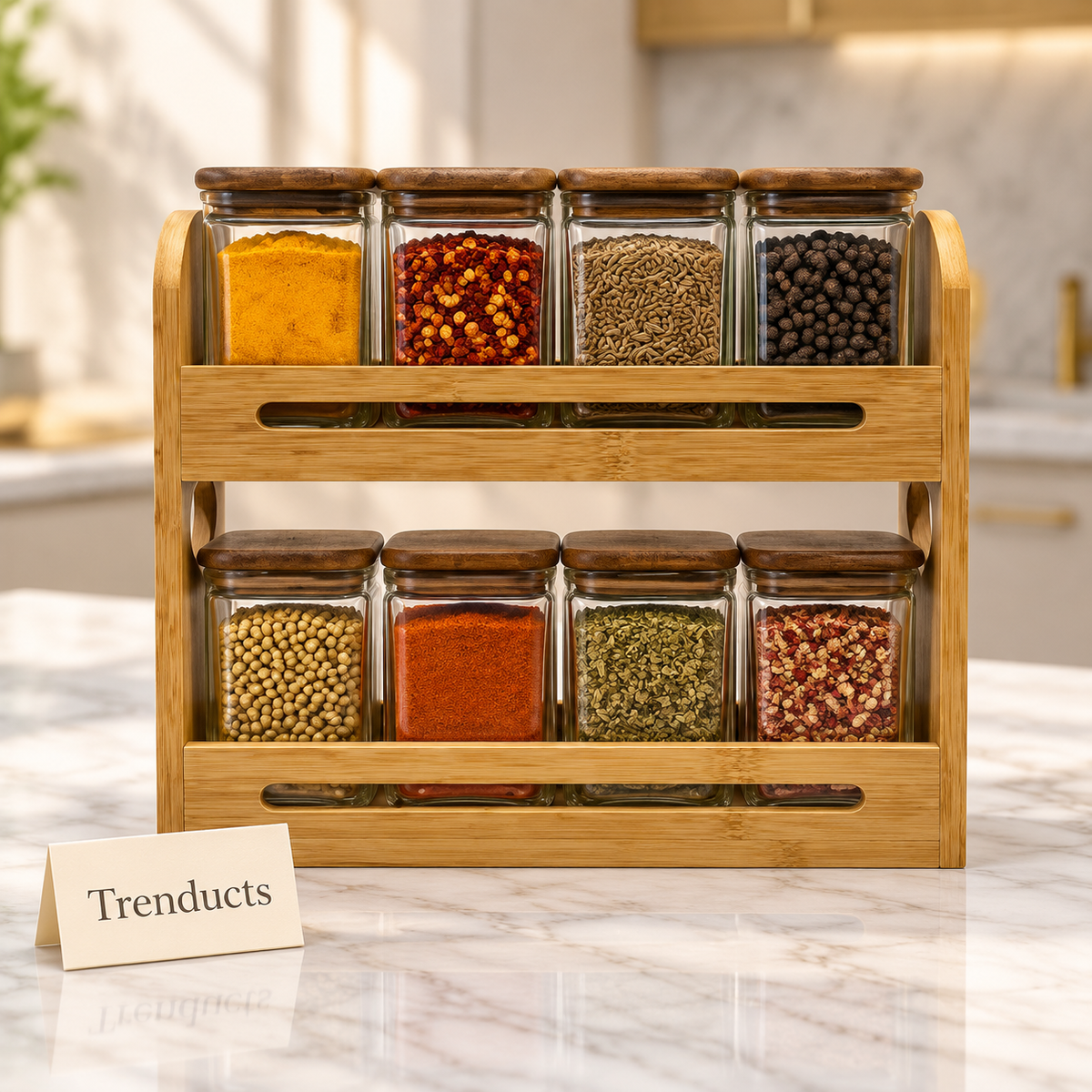 Premium Bamboo Spice Rack 2 Tier with 8 Glass Jars - Spice Jar Set
