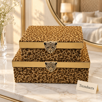 2 Piece Storage Box Set Leopard Gold Trim stacked on a dressing table | Trenducts
