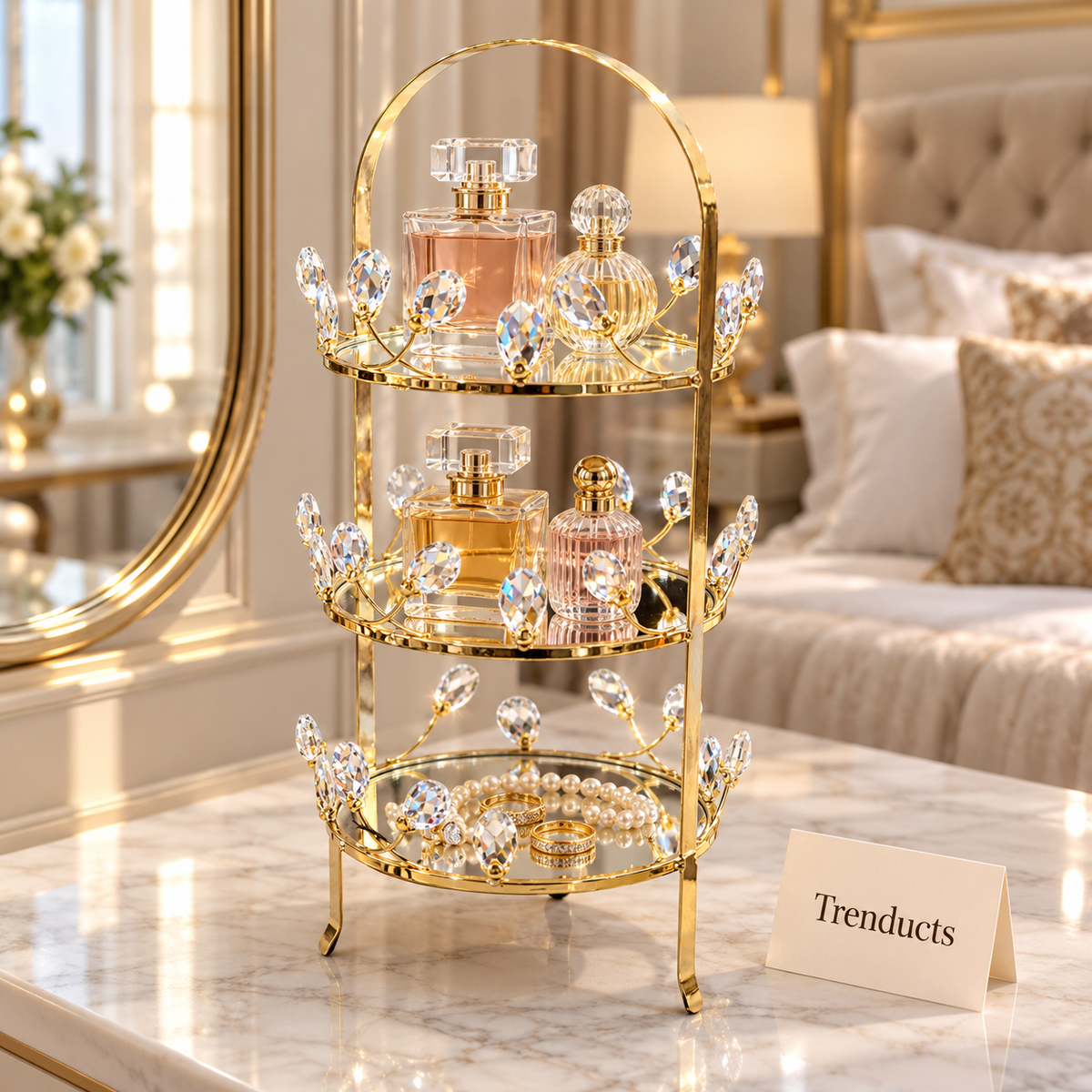 Gold Crystal Display Stand - 3 Tier Mirrored Trays