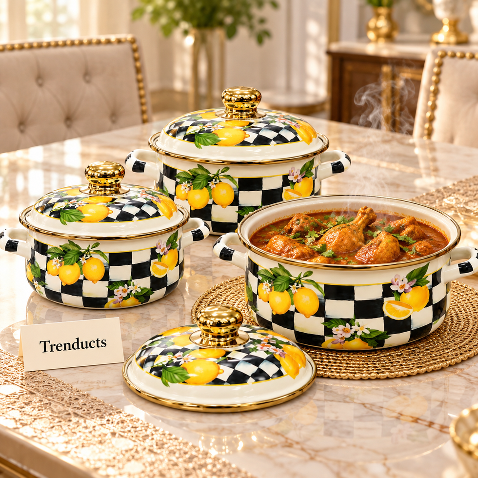 Enamel Casserole Set 3 Pcs - Lemon & Black Check
