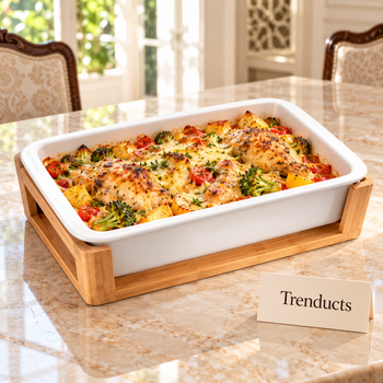 Rectangular Baker with baked casserole on a dawat table | Trenducts