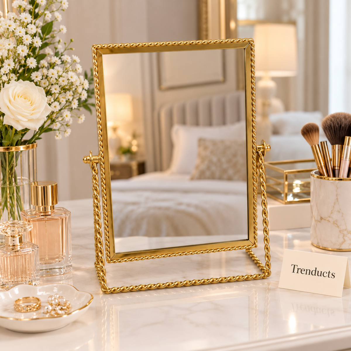 Elegant Gold Table Mirror - Rectangle Twisted Rope Frame