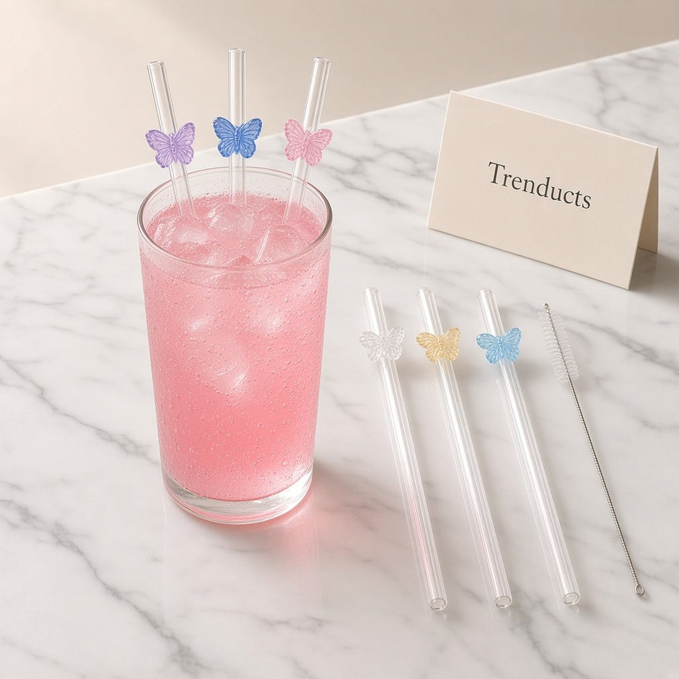 Decorative Glass Straws Set - Clear Straws with 3D Charms