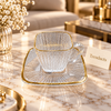 Ribbed Square Glass Cup and Saucer Set with Golden Rim - 6 Pcs