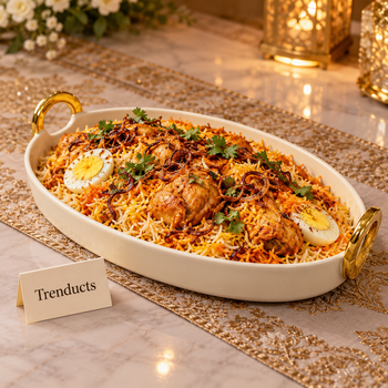 Oval Plate with gold handles serving biryani at a dawat | Trenducts