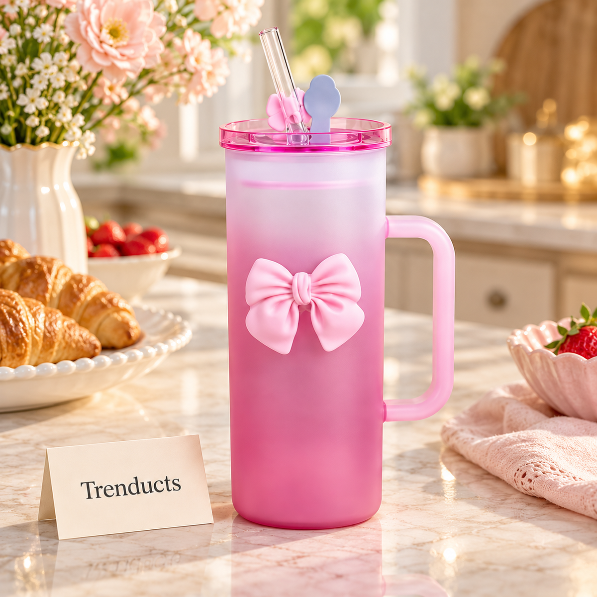 320ml Two-Tone Pink Bow Glass Sipper with Straw