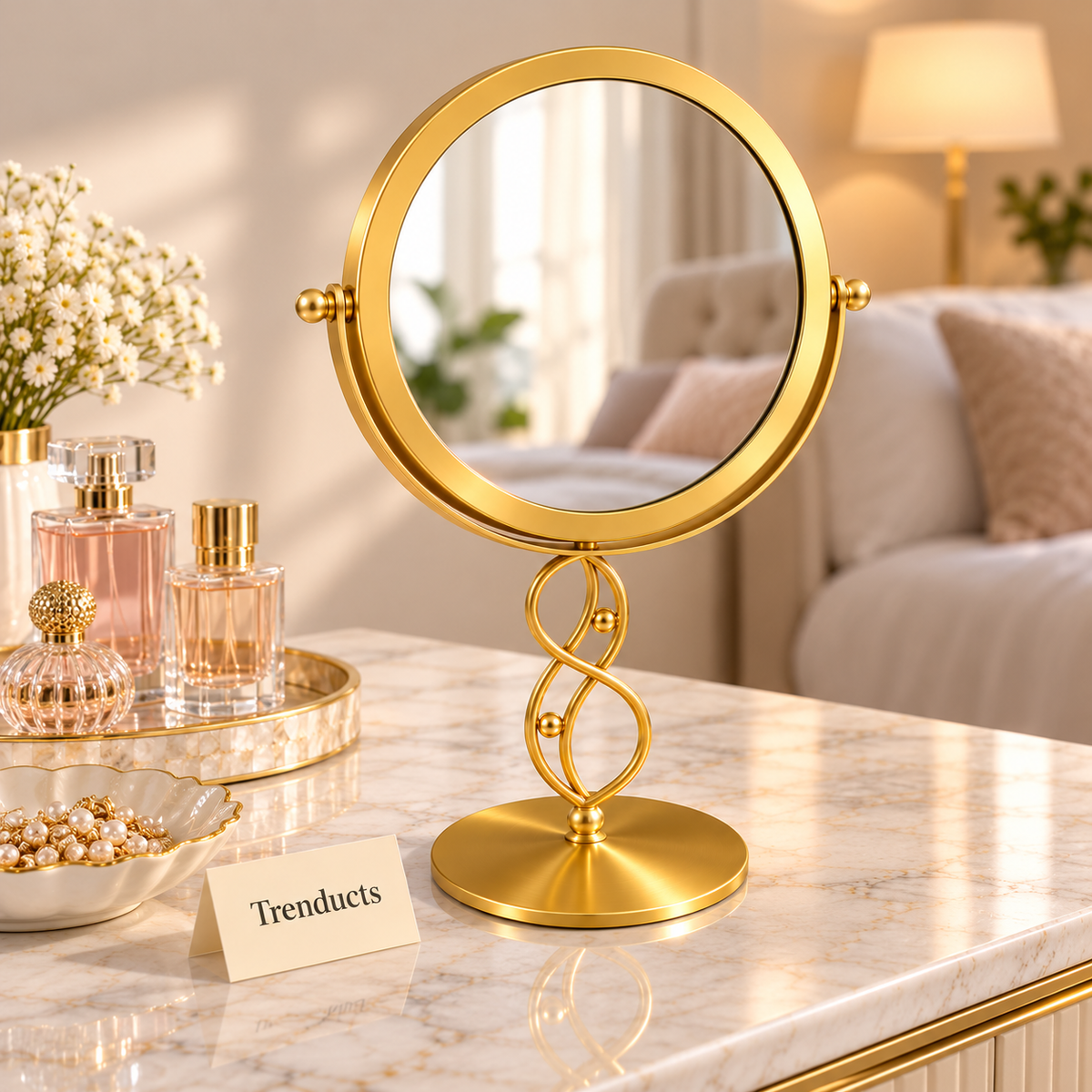 Gold Table Mirror - Round Vanity Mirror, Twist Stand