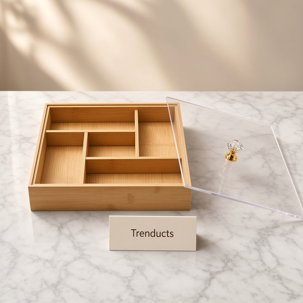 Bamboo Wood Dry Fruit Box - Multi Compartment, Acrylic Lid