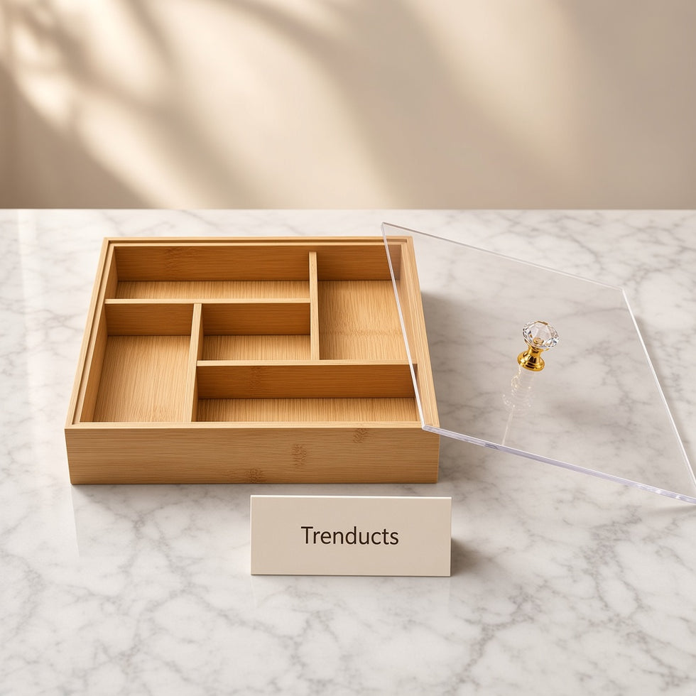 Bamboo Wood Dry Fruit Box - Multi Compartment, Acrylic Lid