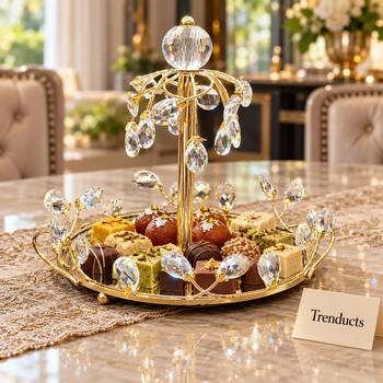 Gold mirrored display tray with sweets on a dining table | Trenducts