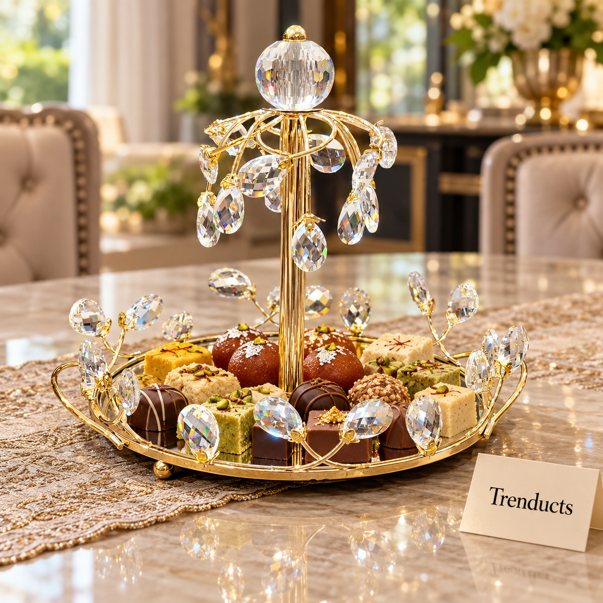 Gold Mirrored Display Tray - Crystal Drop Centre Stand