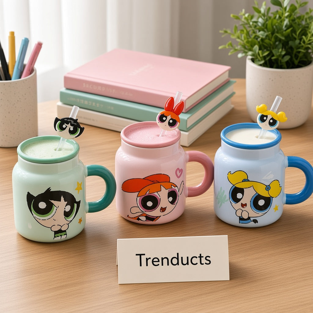 Disney Powerpuff Girls Ceramic Mug 400ml with Lid & Straw (each)