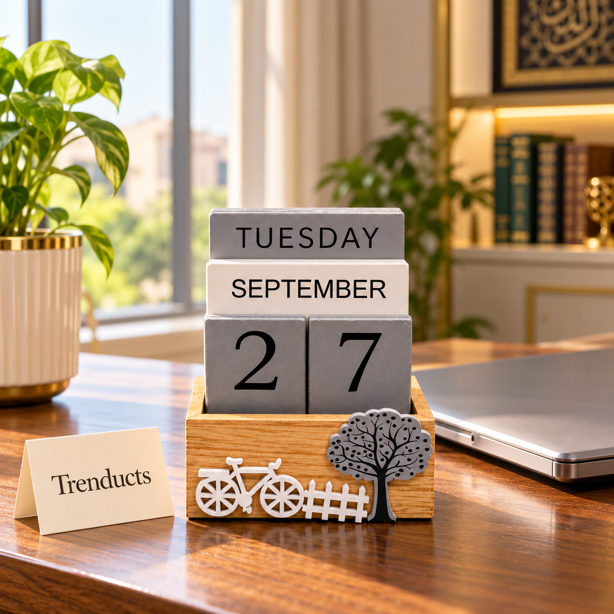 Wooden Desk Calendar - Grey Blocks with Bicycle & Tree