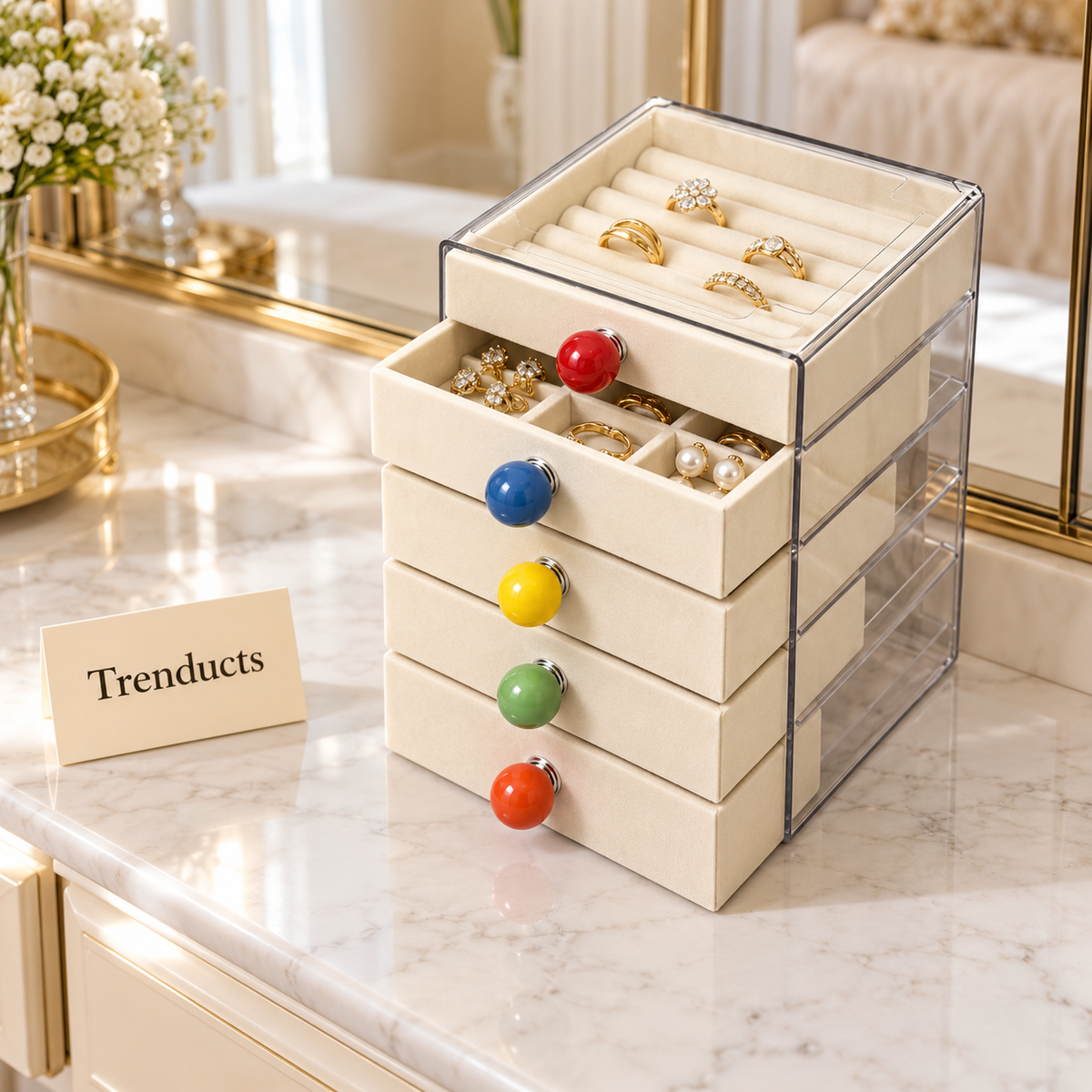 5 Layer Jewelry Box - Cream Velvet Drawers, Clear Acrylic