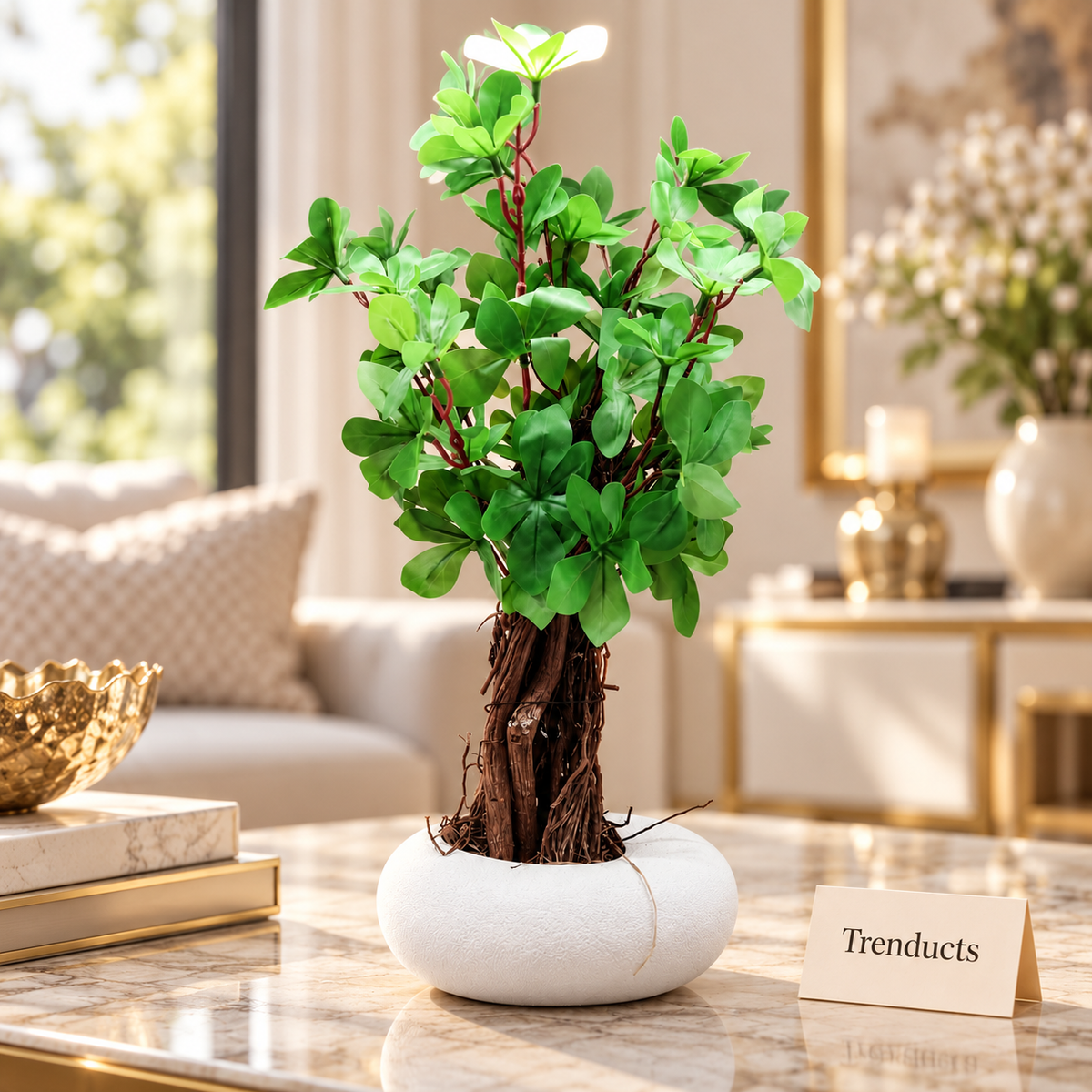 Artificial Green Leaf Plant in White Pebble Pot - Decor Piece