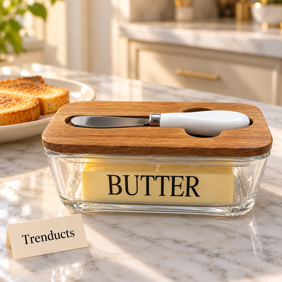 Premium Glass Butter Dish with Knife - Wooden Lid
