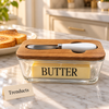 Premium Glass Butter Dish with Knife - Wooden Lid