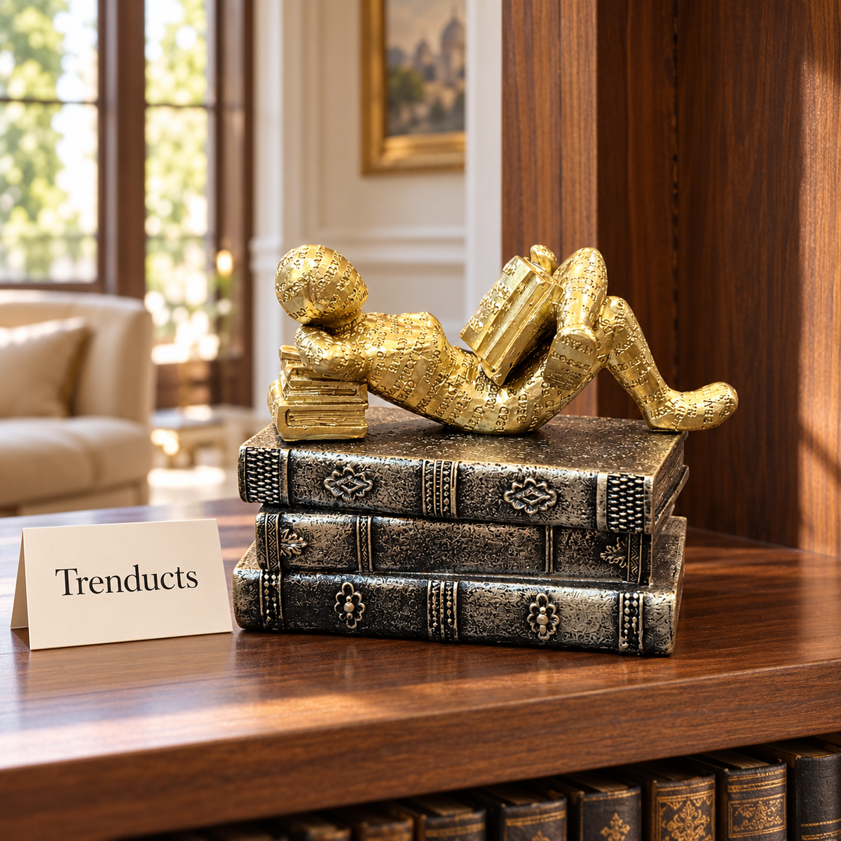 Gold Reclining Reader Sculpture - Black Book Stack Showpiece