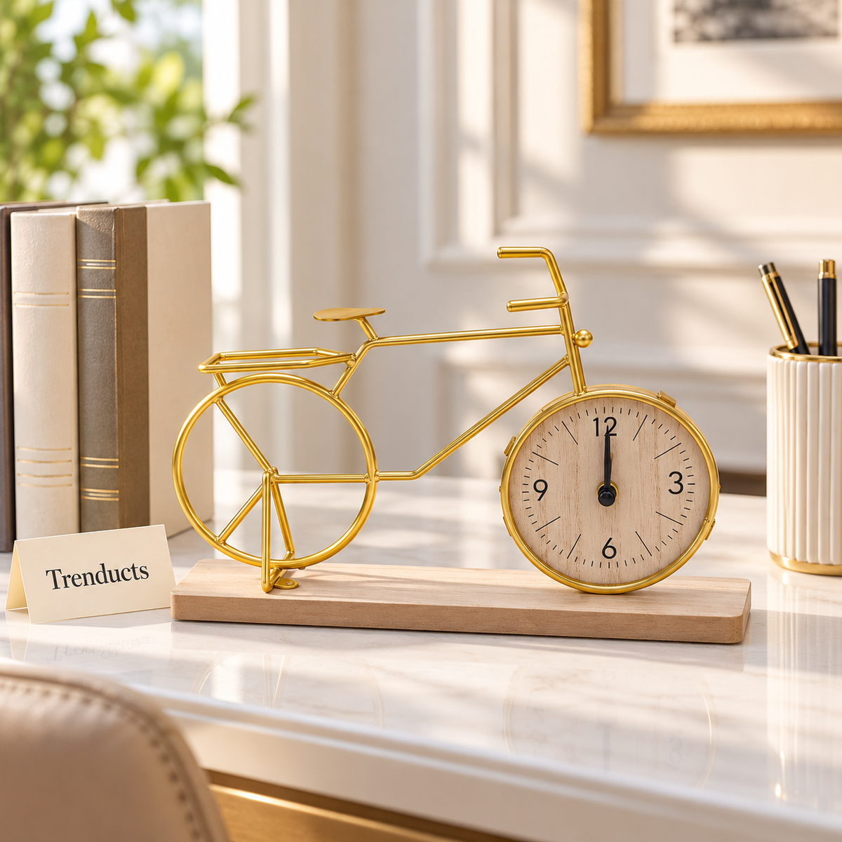 Metal Cycle Clock - Gold Bicycle Table Clock, Wood Base