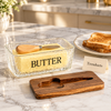 Glass Butter Dish with Wooden Lid and Butter Knife