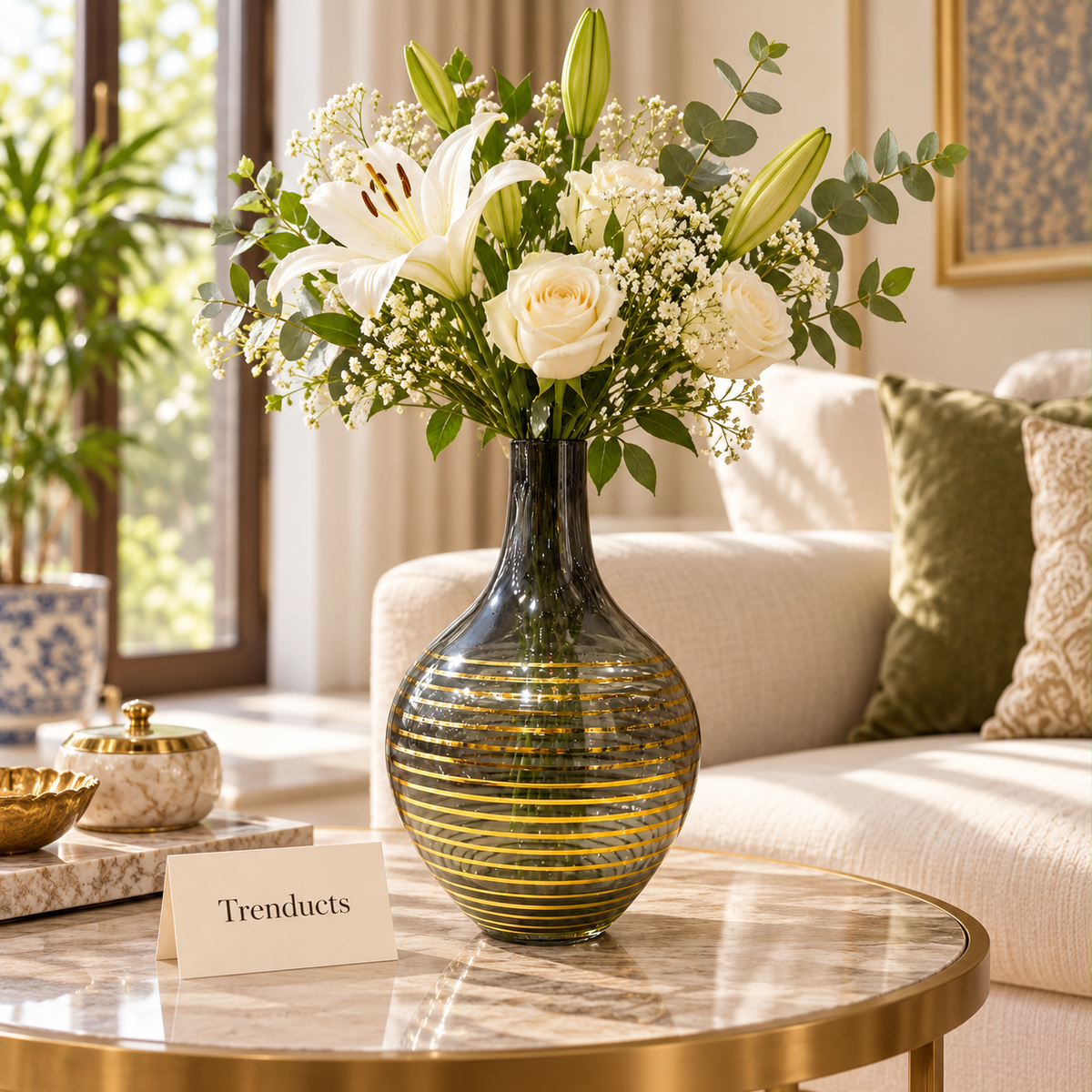 Smoky Grey Glass Vase - Bottle Shape with Gold Swirl Lines