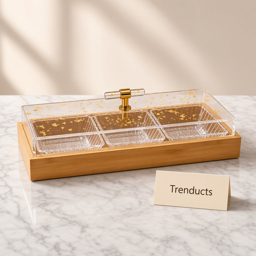 Bamboo Dry Fruit Tray with Acrylic Lid - 3 Sections, 14.5in