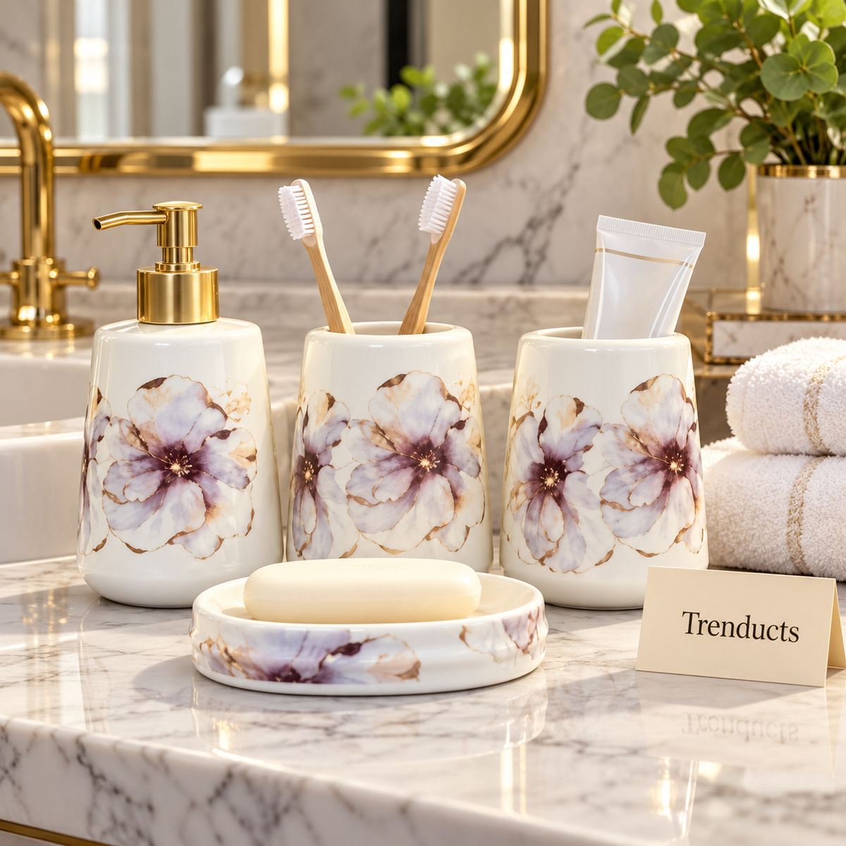 Brilliant 4-Piece Porcelain Bathroom Set - White Purple Flower
