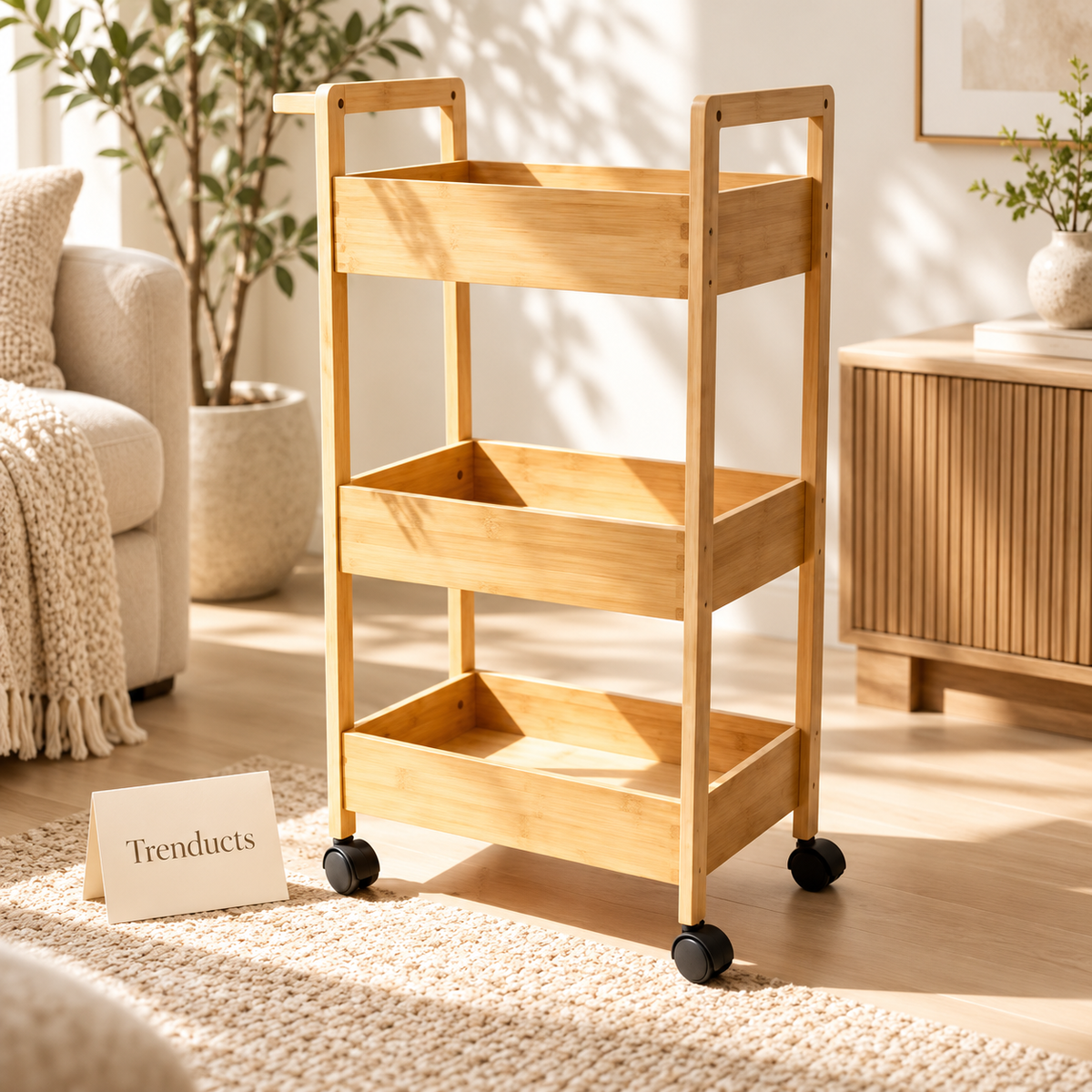 3 Tier Bamboo Trolley Storage Rack with Wheels and Handles