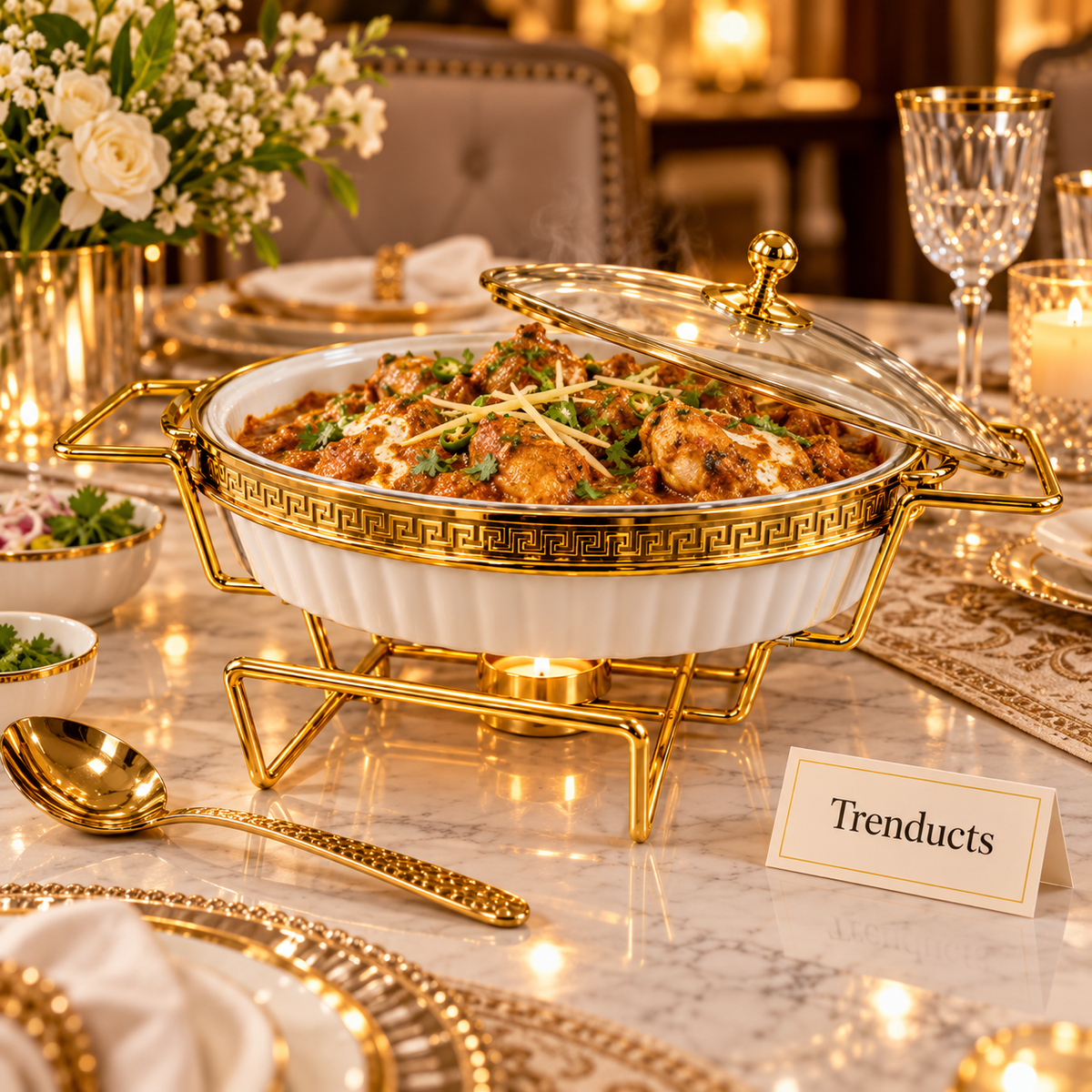 Brilliant Oval Casserole with Greek Key Gold Rim Stand