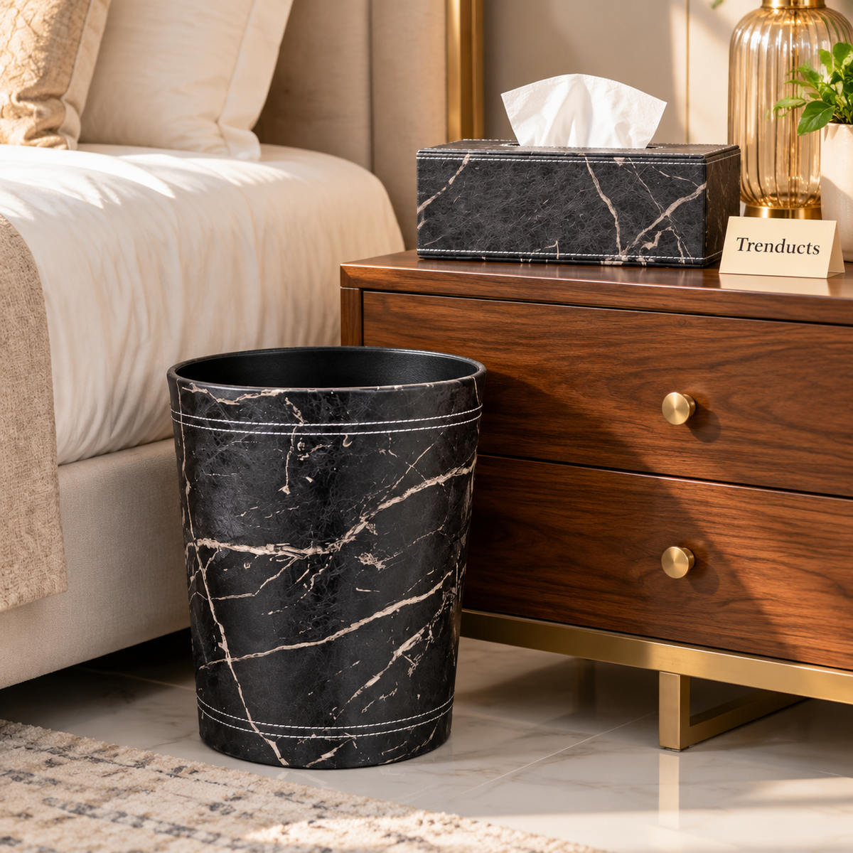 Premium Marble Print Tissue Box & Dustbin - Black and White