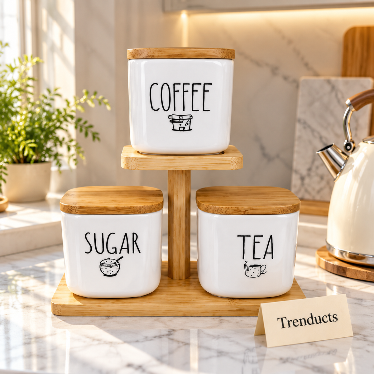 Tiered Kitchen Ceramic Canister Stand Set - Coffee, Sugar & Tea