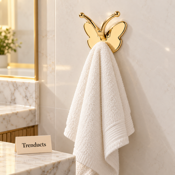 Gold butterfly sticky hook on a wall holding a towel | Trenducts