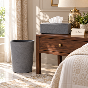 Grey ribbed tissue box dustbin in a bright bedroom - Trenducts