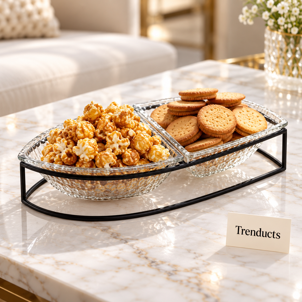 Danny Home Glass Snack Bowl Set - 2 Section Black Stand