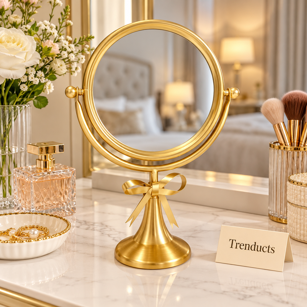 Elegant Gold Table Mirror - Round Swivel with Bow Stand