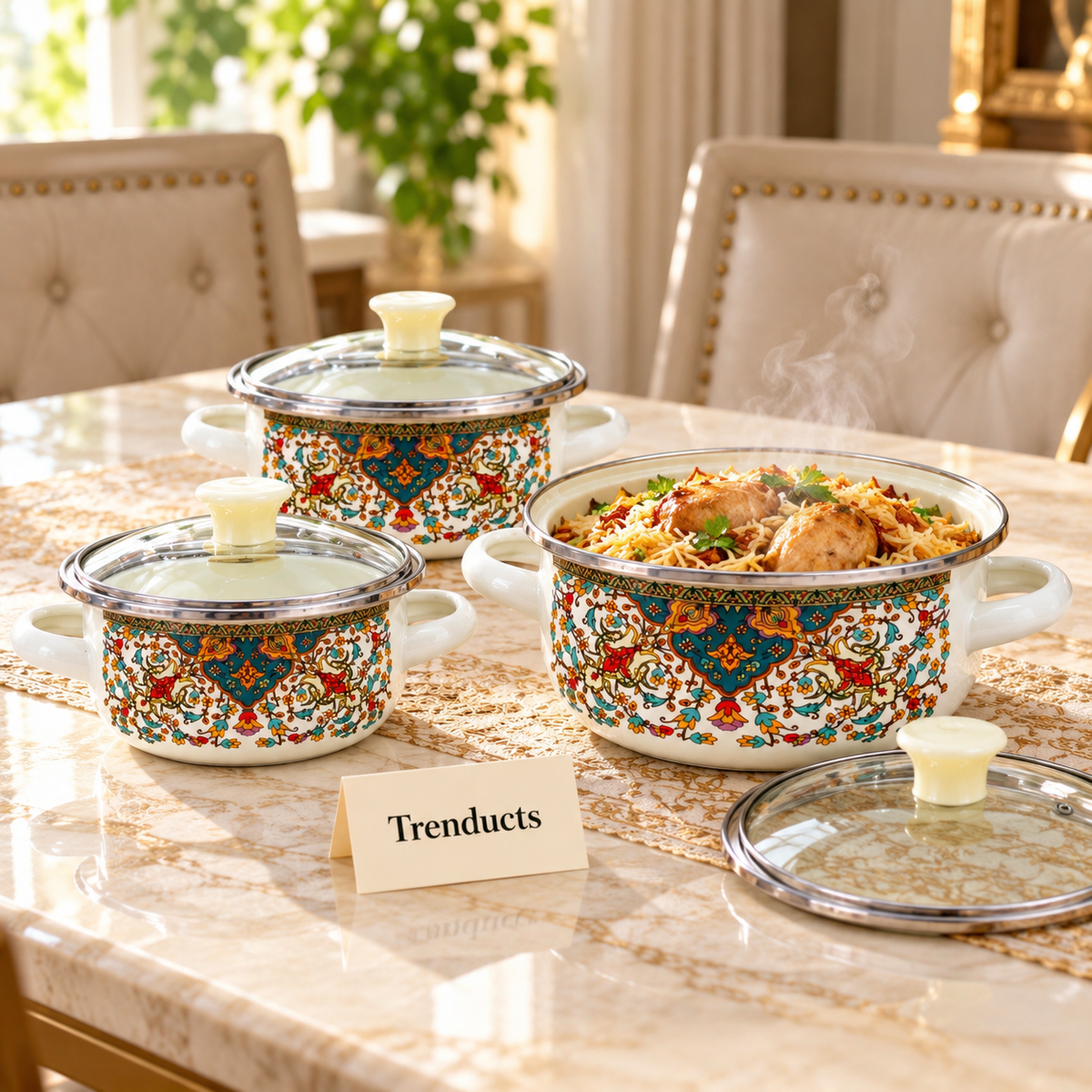 Enamel Casserole Set 3 Pcs - Paisley Glass Lids