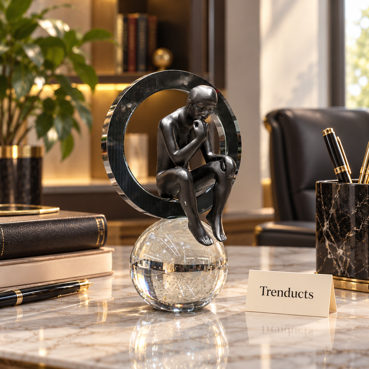 Crystal Thinking Man - Black Statue on Crystal Ball